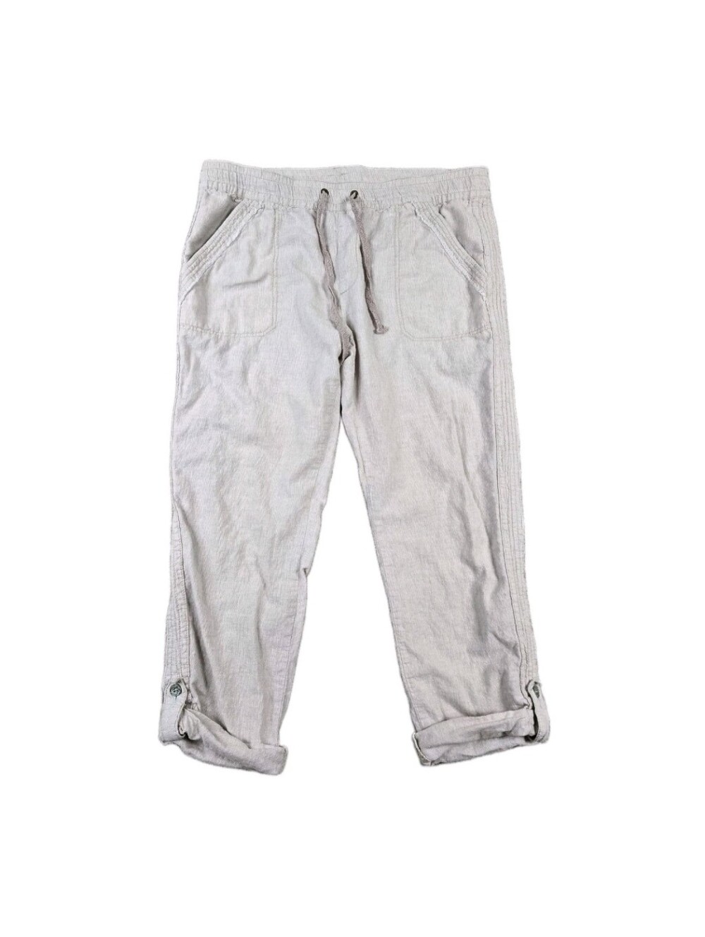 Hei Hei Linen Cotton Pants Sz Large Cream Elastic Waist Drawstring Roll Tab Boho